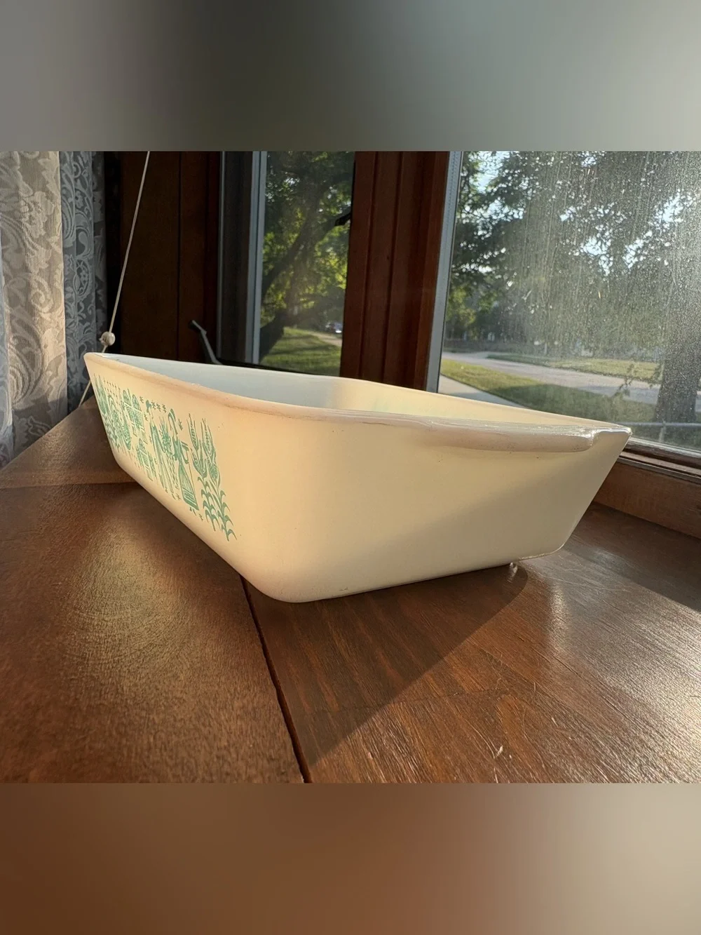 Pyrex White Baking Dish with Turquoise Folk Motif